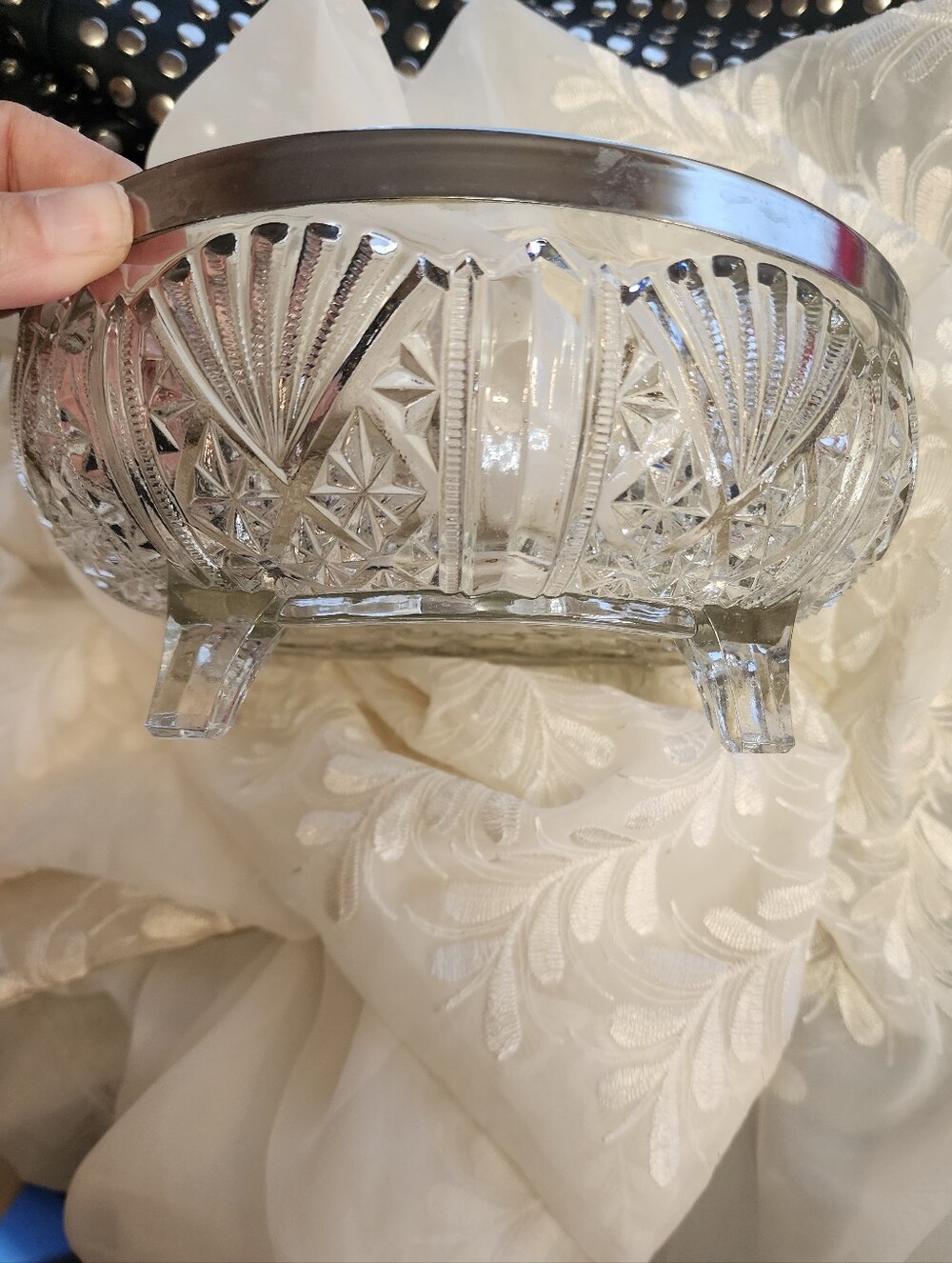 Vintage 70's Brama Davidson England Pressed/Cut Glass Bowl w/ Chrome Plated Rim
